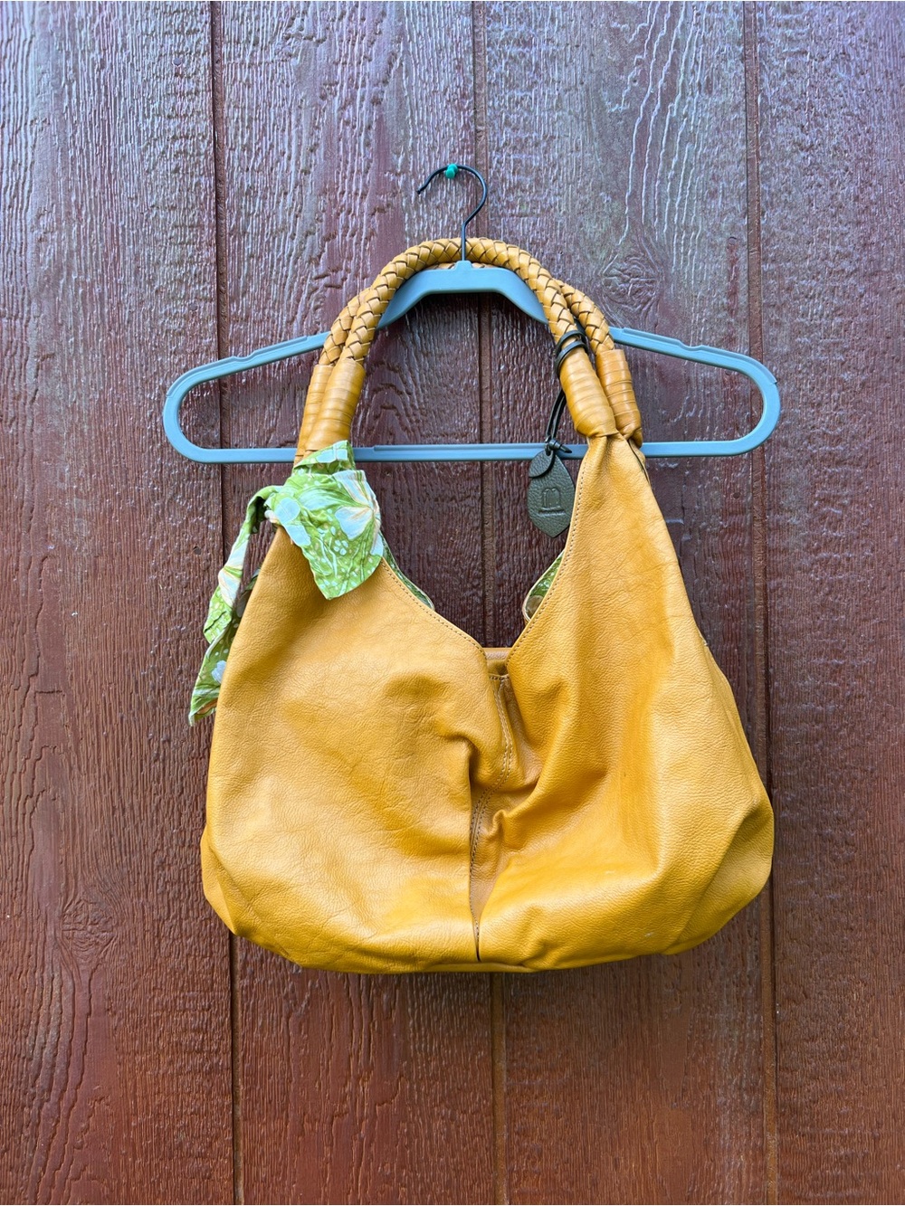 Motherhouse Leather Hobo Shoulder Bag Mustard Yellow Woven Handle Floral Lined - Picture 3 of 10